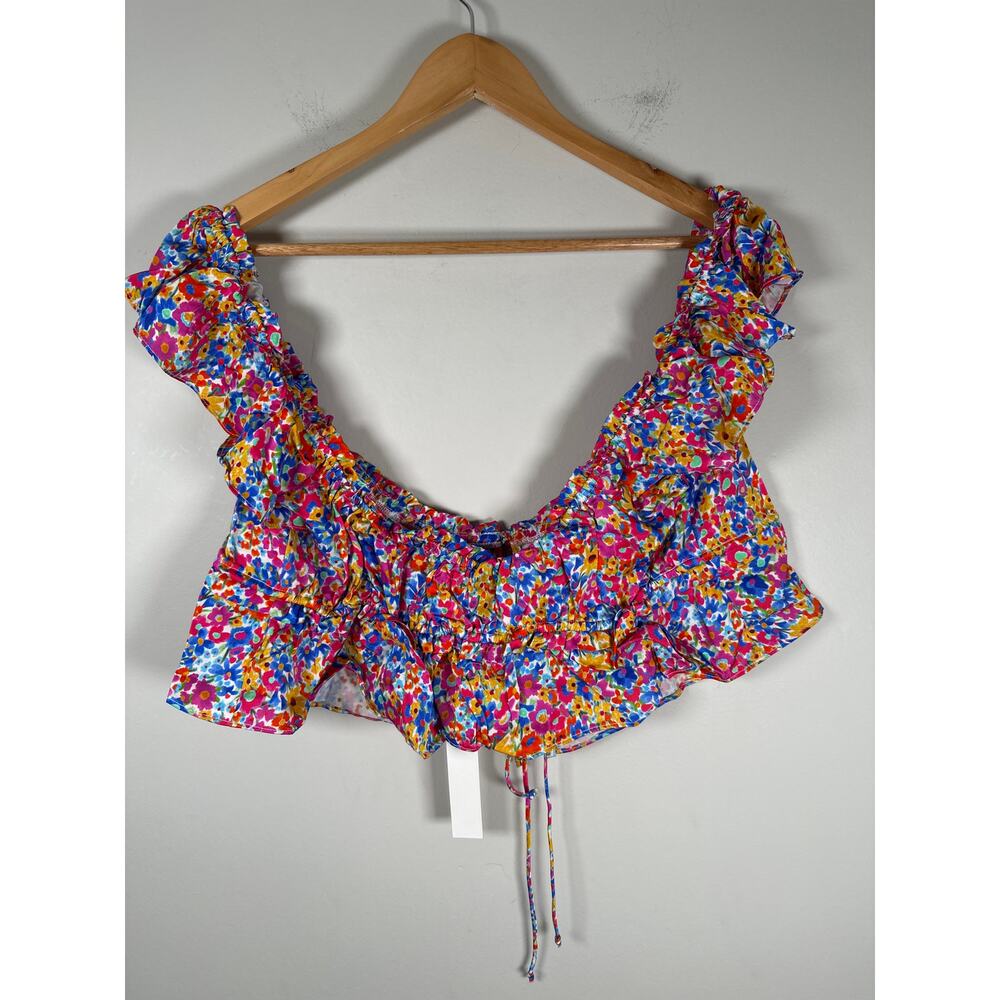 For Love & Lemons Sasha Floral Cropped Top In Blue Multi Size L Tie Front Flirty - Picture 6 of 10